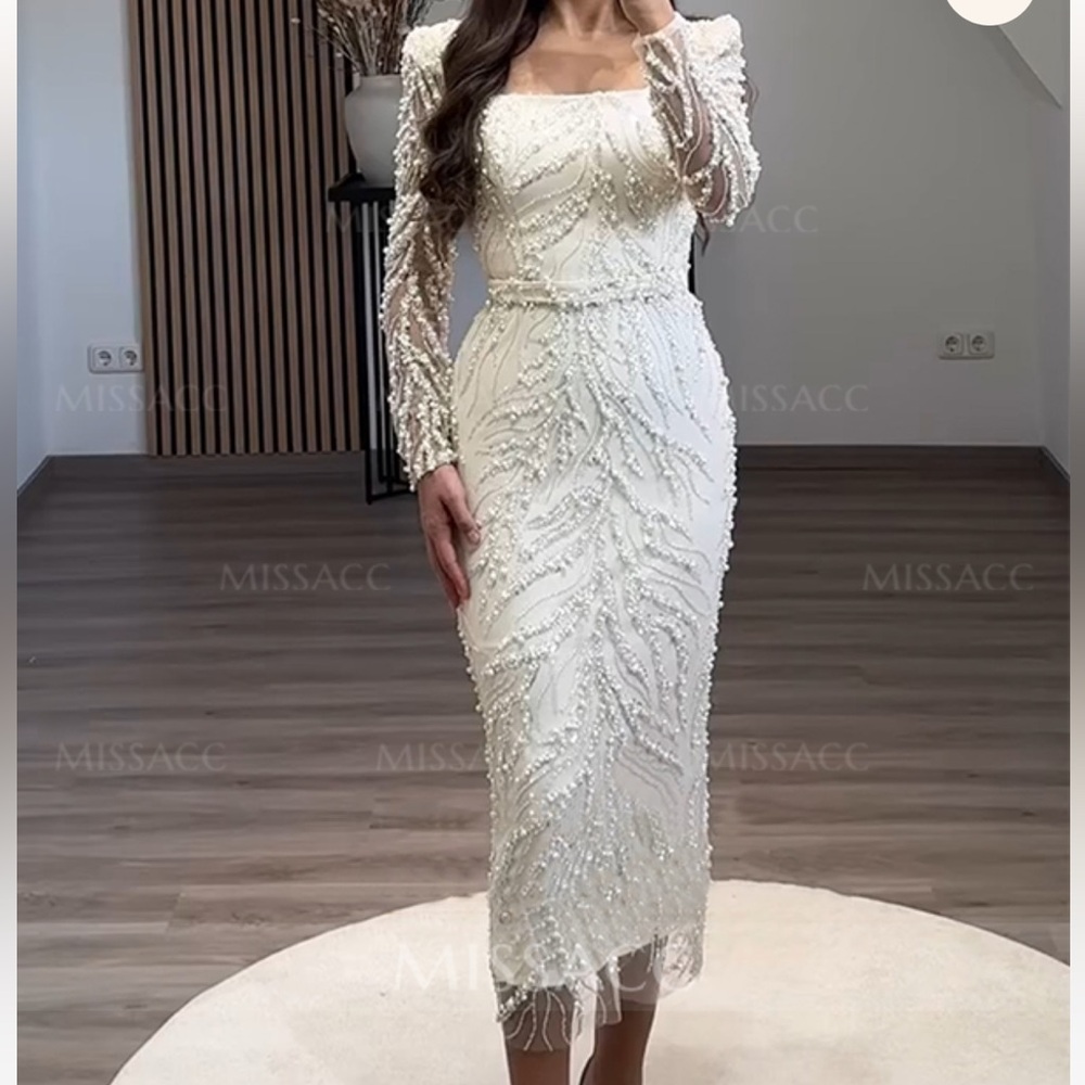 Sheath/Column Square Neckline Long Sleeves Evening Dresses With Beading